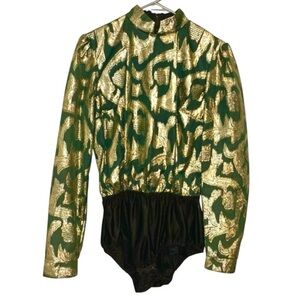 Hobby Horse Gold Leaf and Green Patterned Dressy Bodysuit Vintage L